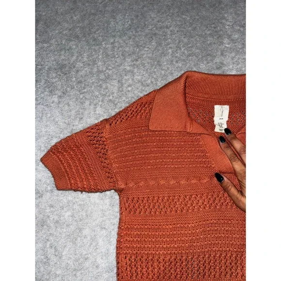 Joie Short Sleeve Open Knit Polo XS Rust Orange Earthy Pointelle Sweater - Picture 3 of 10